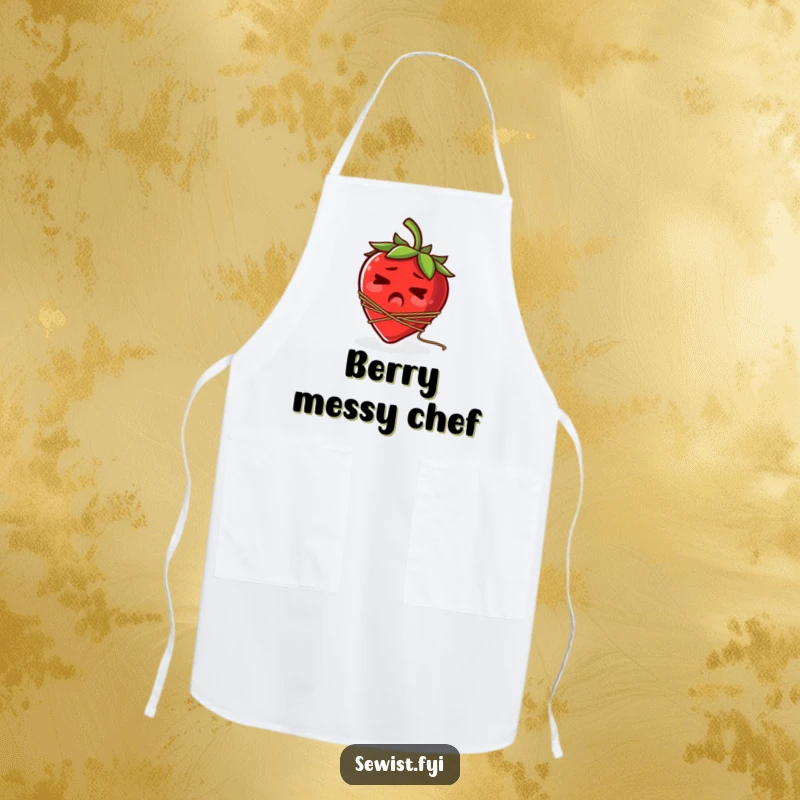 Funny apron design with a startled strawberry comically tangled in a spool of thread.