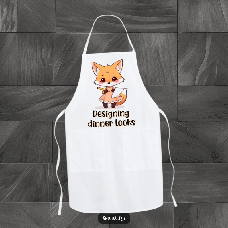 Funny fox apron featuring a playful fox sketching a dress design with a pencil and paper, for artists.
