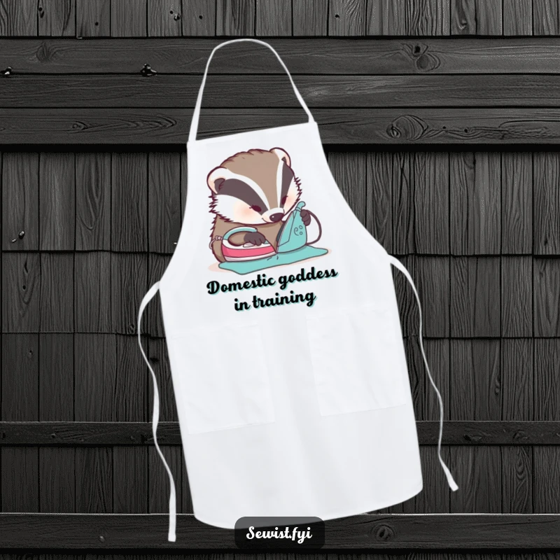 Funny Badger Ironing Apron - A humorous apron showing a badger meticulously ironing a seam flat, perfect for culinary or crafting sessions.