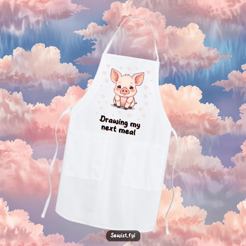 Funny Piglet Apron showing a cute piglet artist drawing chalk patterns on fabric, ideal for humorous kitchen attire.
