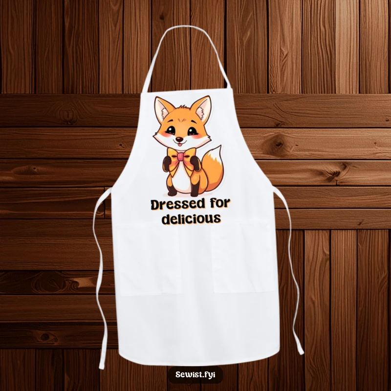 Funny apron featuring a charming fox adjusting its bow tie while cooking, a humorous and practical item for food enthusiasts.
