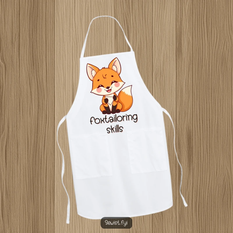 Funny Fox Apron: A delighted fox proudly stitching a colorful patch, perfect for kitchen or craft use, funny gift.