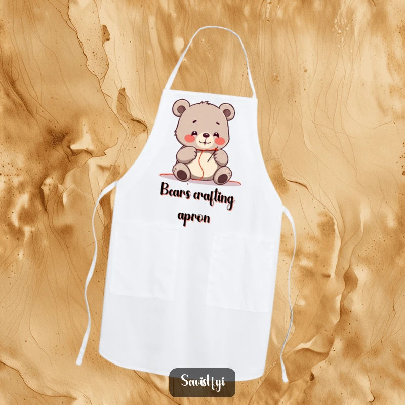 Funny apron showing a cheerful bear carefully threading a needle with red thread, ideal for a sewing space.