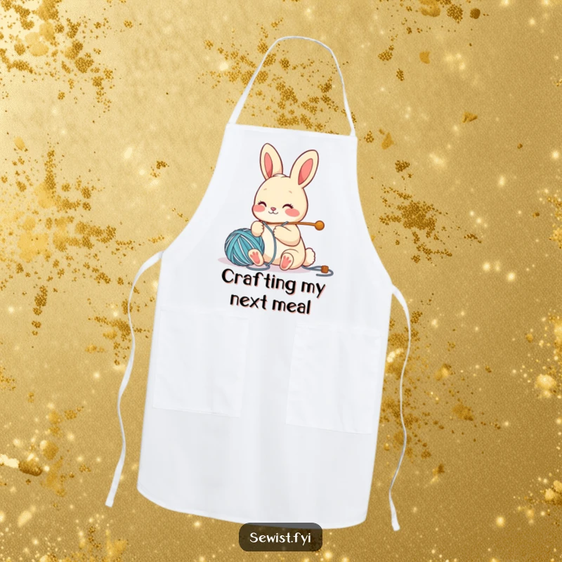 Funny Apron with a cute bunny character happily threading a large needle with yarn, ideal for protecting clothes while crafting.