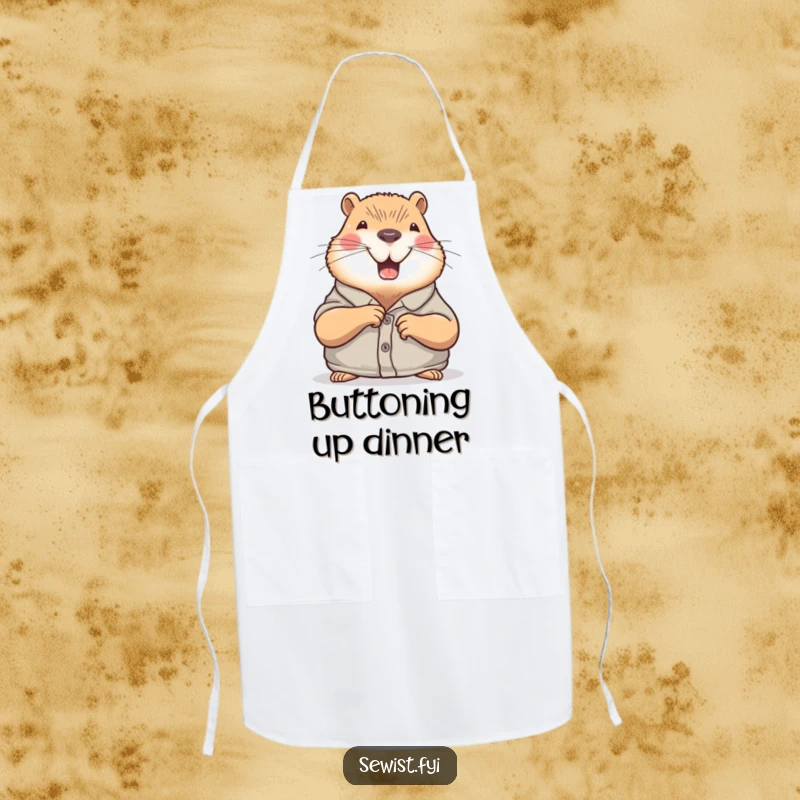 Funny Capybara Apron: A happy capybara sewing a button, offering protection with a humorous and chill design, a great gift.