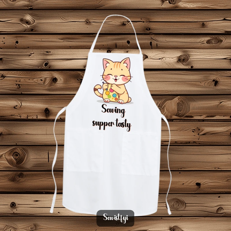 Funny chef apron with a cheerful cat character stitching a colorful patch, a practical funny gift.