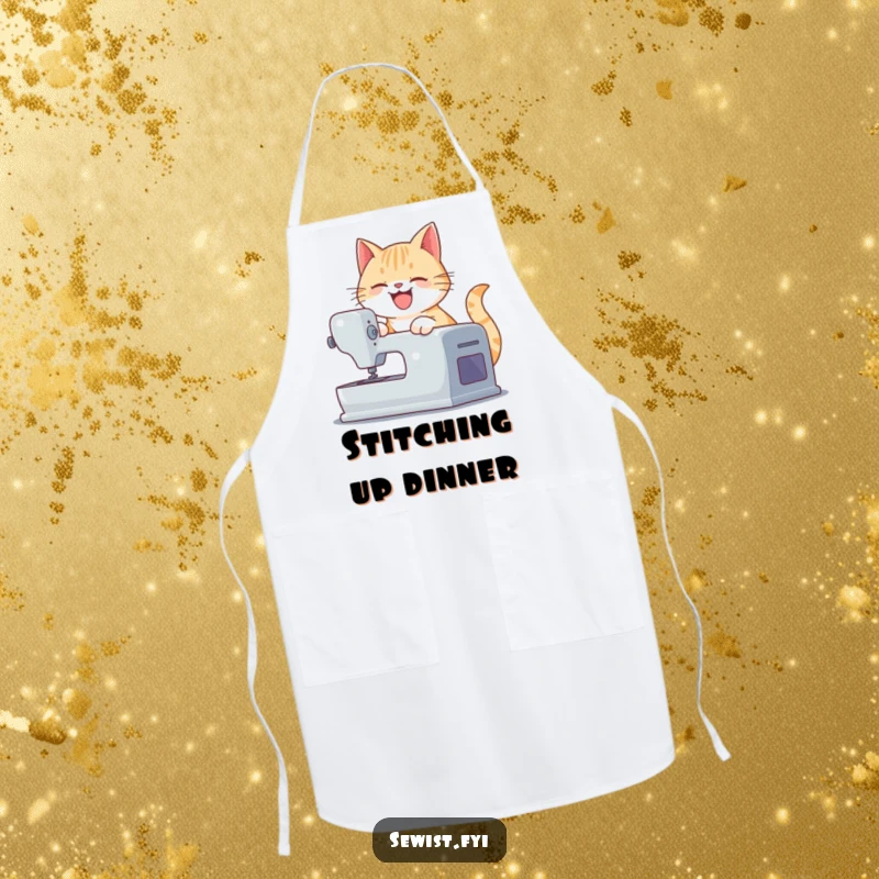 Funny apron featuring a playful cat operating a sewing machine, a humorous and practical item for sewing enthusiasts.