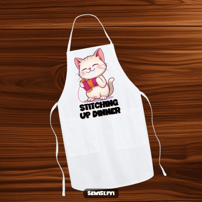 Funny giggling cat holding a spool of thread, ready to stitch, a comical and protective apron for sewing enthusiasts.