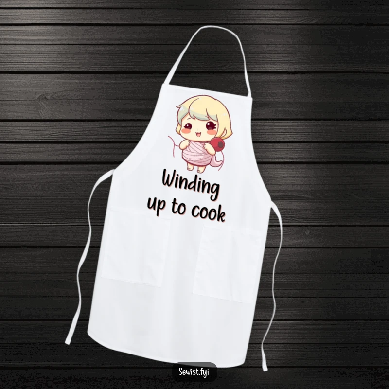 Funny apron adorned with a happy character winding a sewing bobbin, perfect for protecting clothes with humor.