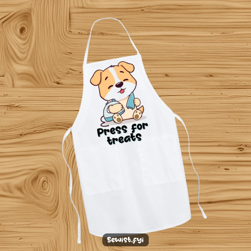 Funny Dog Ironing Seam Apron: A kitchen apron featuring a content dog ironing a small seam with a mini iron, perfect for tidy chefs.