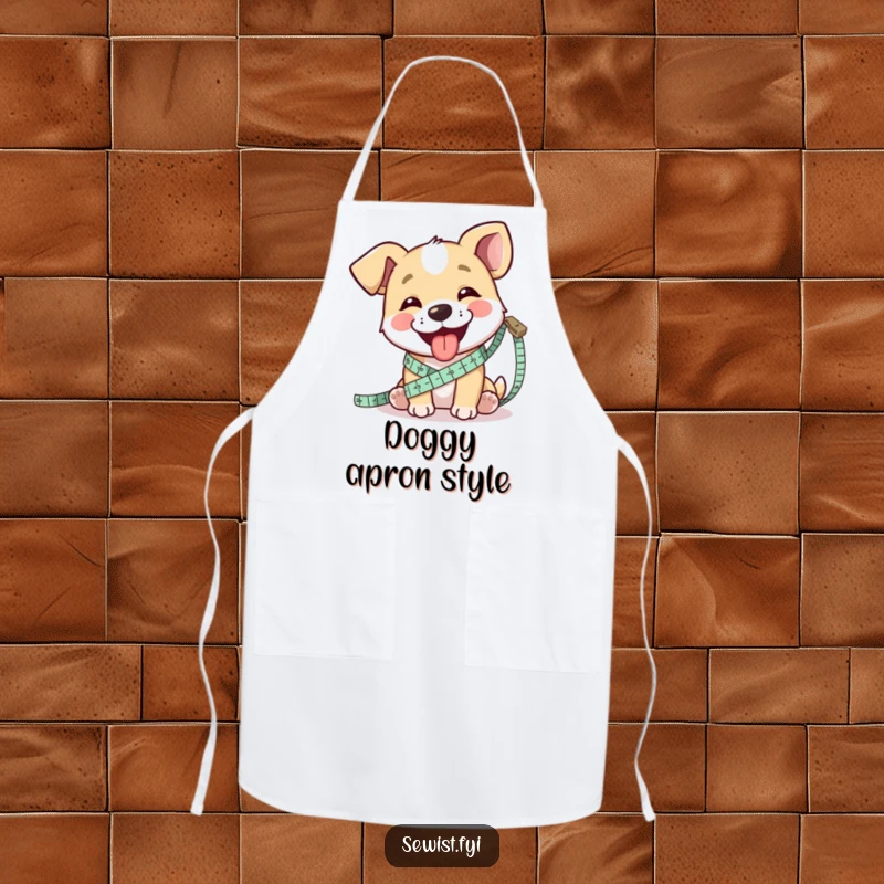 Funny apron showing a happy dog measuring fabric with a tape measure, tongue out, ideal for a sewing space.