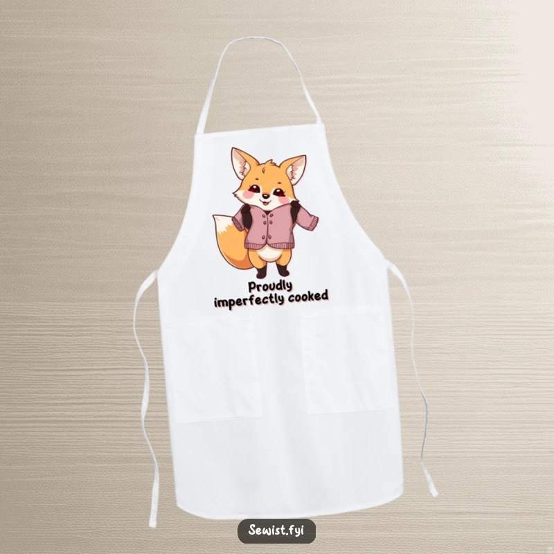 Funny fox dressmaker apron, a playful creature proudly holding a slightly crooked garment, protecting sewers with humor and pride, ideal gift.