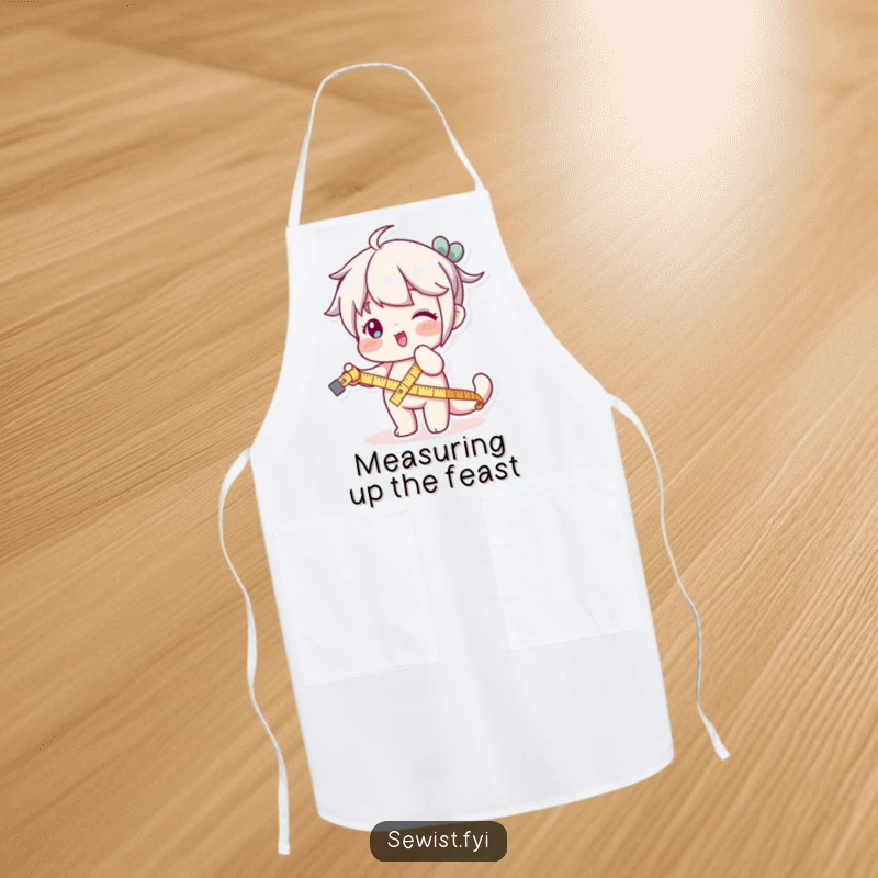 Funny apron with a character playfully stretching a measuring tape, suitable for kitchen or crafting protection.