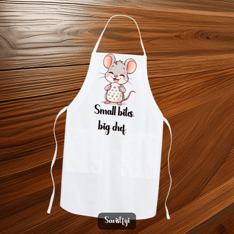 Funny Apron with a delighted mouse character using a thimble, offering cute protection for sewing projects.