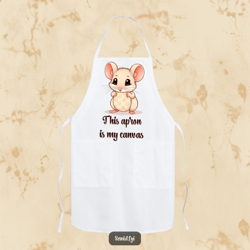 Funny Mouse Apron: Curious chef mouse with wide eyes examining patterned fabric, perfect for a detailed and humorous cooking experience.