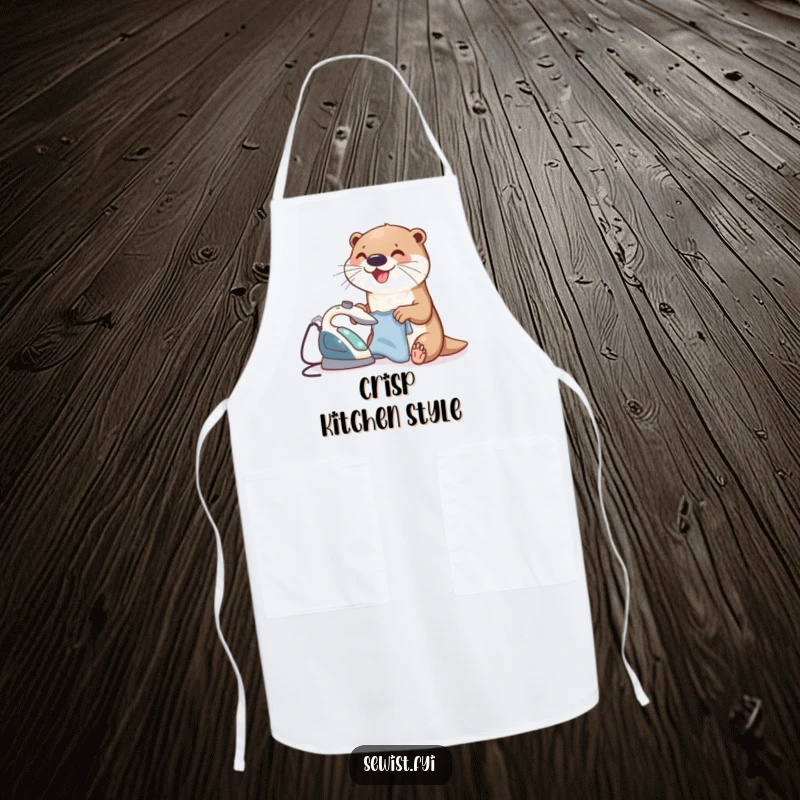 Funny Otter Apron showing a joyful otter ironing a small garment with a tiny iron, ideal for humorous and tidy kitchen attire.