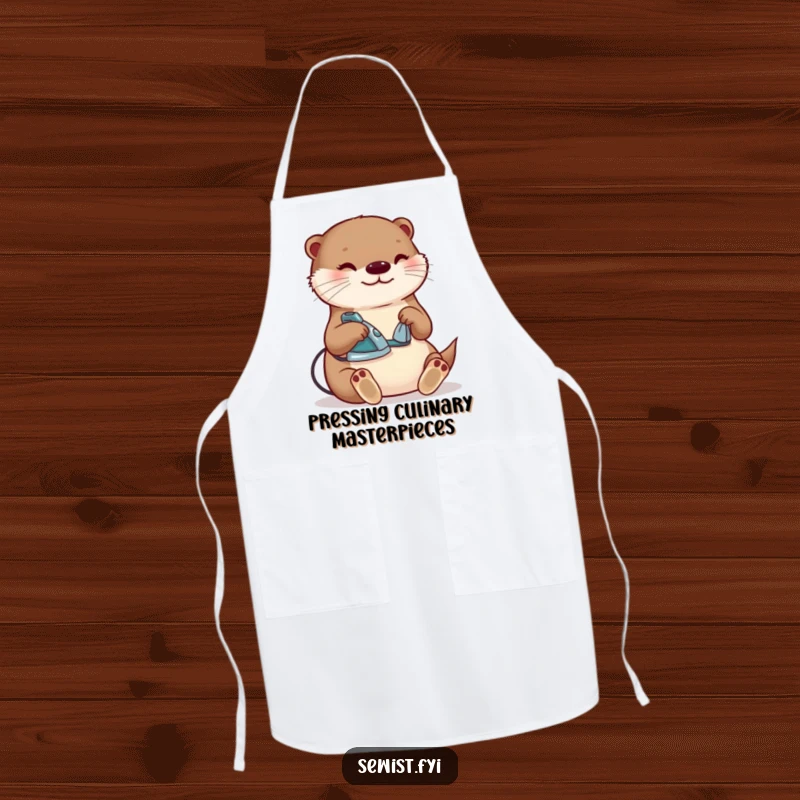 Funny otter ironing apron, a content creature happily pressing a seam with a tiny iron, protecting sewers with humor and charm, ideal gift.