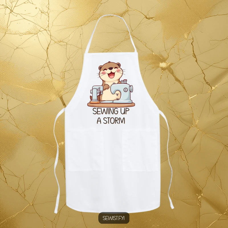 Funny otter apron featuring a joyful otter operating a sewing machine with a happy whirring sound.
