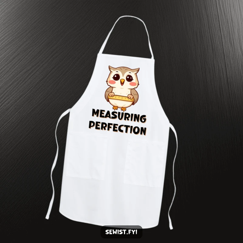 Funny Apron: A delighted owl measures fabric with a tape, ideal for kitchen accuracy and humor.