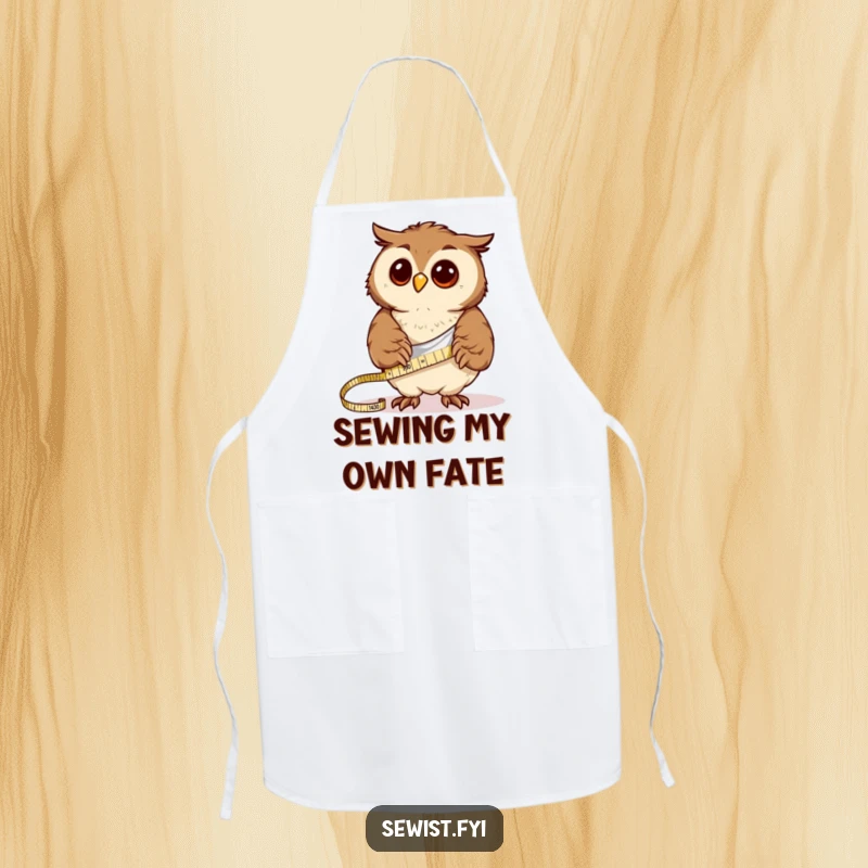 Funny curious owl measures fabric with a tape measure, a humorous apron for crafty chefs.
