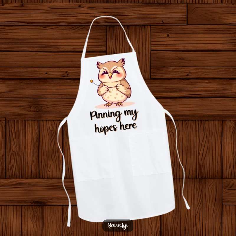 Funny owl seamstress apron, a joyful bird pinning a fabric pattern with focused precision, protecting sewers with humor and style, ideal gift.