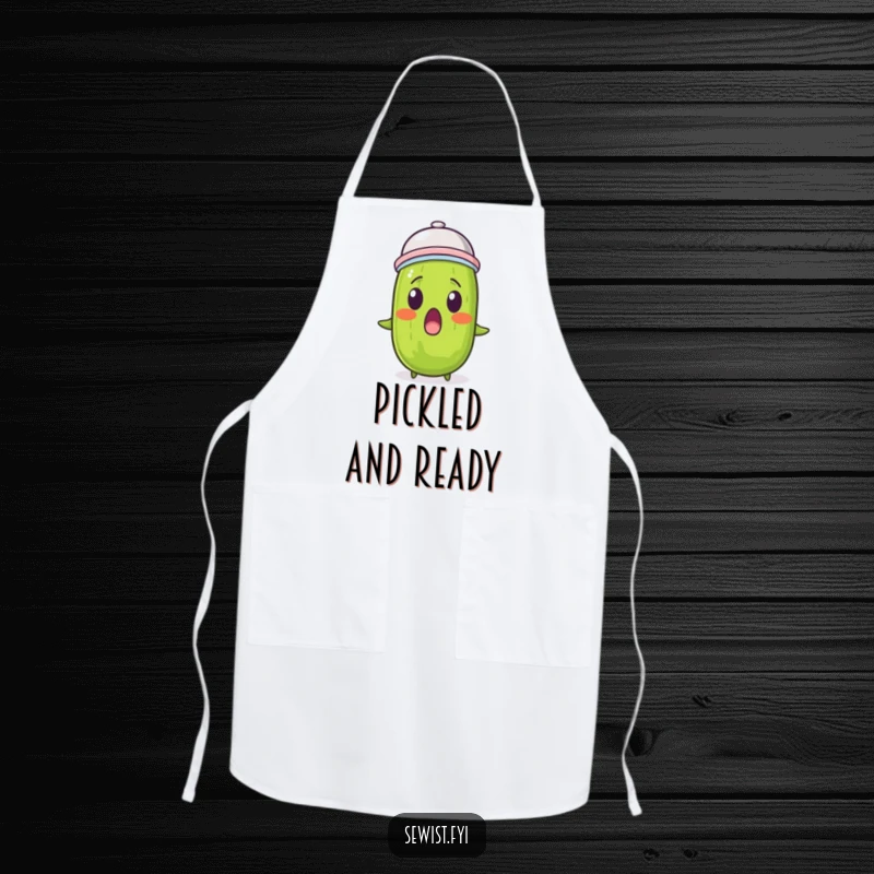 Funny pickle apron showing a surprised pickle wearing a thimble, perfect for kitchen protection.