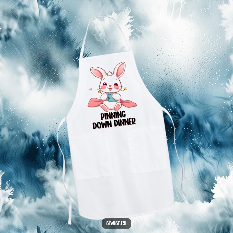 Funny Bunny Apron: A playful bunny carefully pinning fabric pieces together, perfect for kitchen or craft use, funny gift.