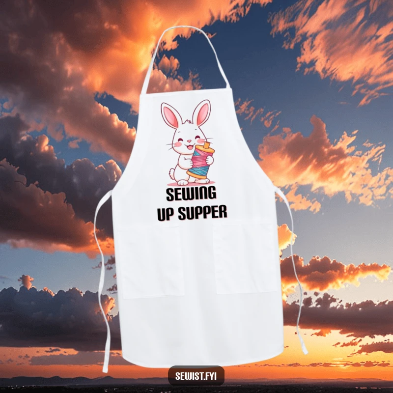 Funny Rabbit Apron: Durable apron depicting a cheerful rabbit holding a colorful spool of thread, perfect for crafting messes.