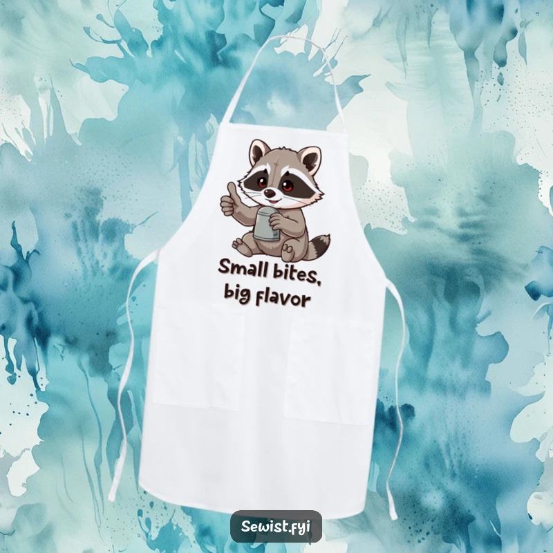 Funny apron for cooks and crafters, featuring a raccoon giving a thumbs-up while holding a thimble, adding humor to activities.