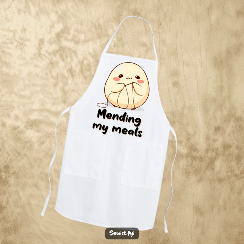 Funny apron design with a round dumpling comically trying to stitch itself with a needle and thread.