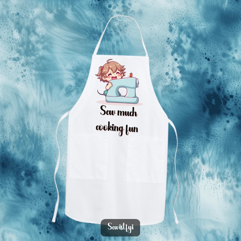 Funny sewing apron, happy character using a large sewing machine with enthusiasm.