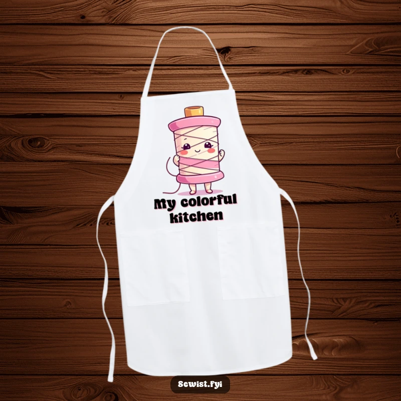 Funny apron with a character proudly displaying a colorful sewing spool, ideal for kitchen or craft protection.