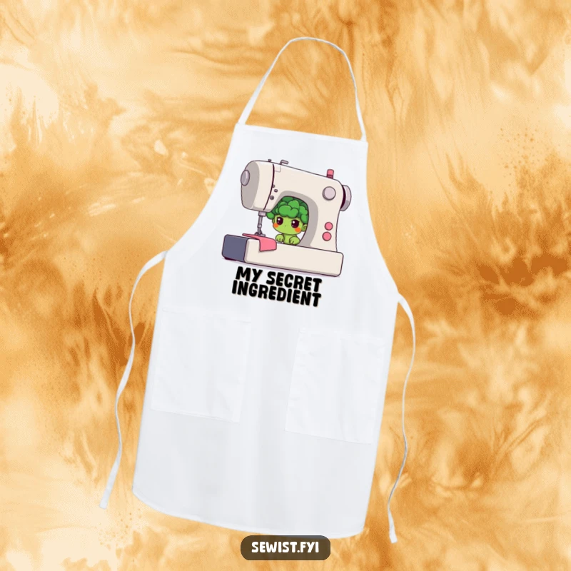 Funny broccoli apron featuring a shy floret hiding behind a giant sewing machine, perfect for kitchen or craft activities.