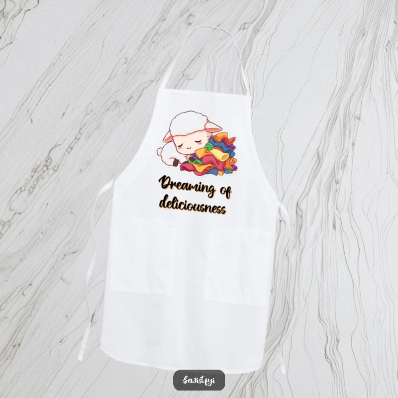 Funny sleepy sheep apron, a tired creature dozing near fabric scraps, protecting sewers with humor and a sleepy vibe, ideal gift.