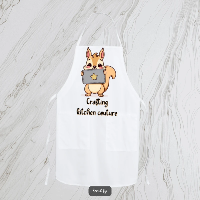 Funny apron: A cheerful squirrel wears an apron, holding up a finished patch, ready to protect clothes during crafting.