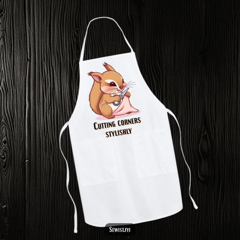 Funny squirrel tailor apron, a determined rodent snipping fabric, protecting sewers with humor and practicality, ideal for a funny gift.