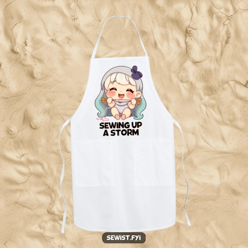 Funny threading needle apron, happy smiling character joyfully threading a needle.