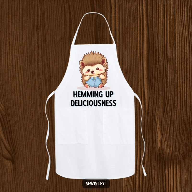 Funny Hedgehog Apron: A proud hedgehog admiring a neat seam, protecting clothing with humor and pride, a great gift.