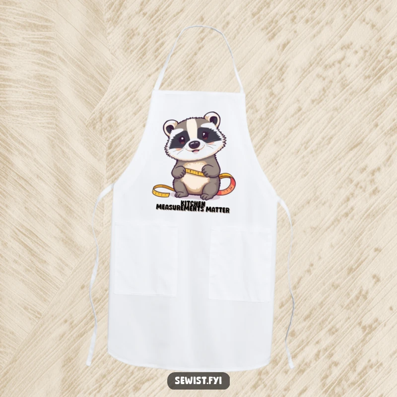 Funny apron: A determined badger wears an apron, carefully measuring fabric with a tape measure, symbolizing precision.