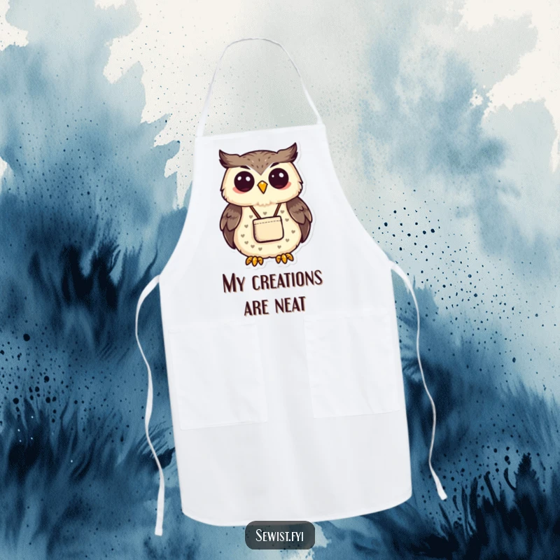 Funny proud owl displaying a small, neatly sewn pouch while wearing an apron. Great funny apron.