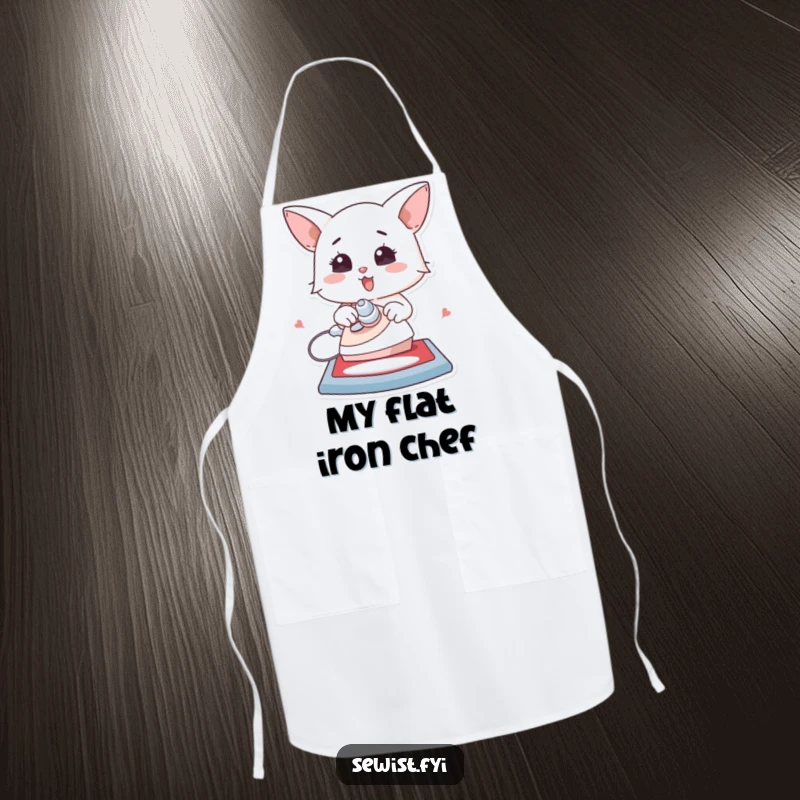 Funny apron with a character enthusiastically ironing a flat creation, perfect for kitchen or crafting protection.