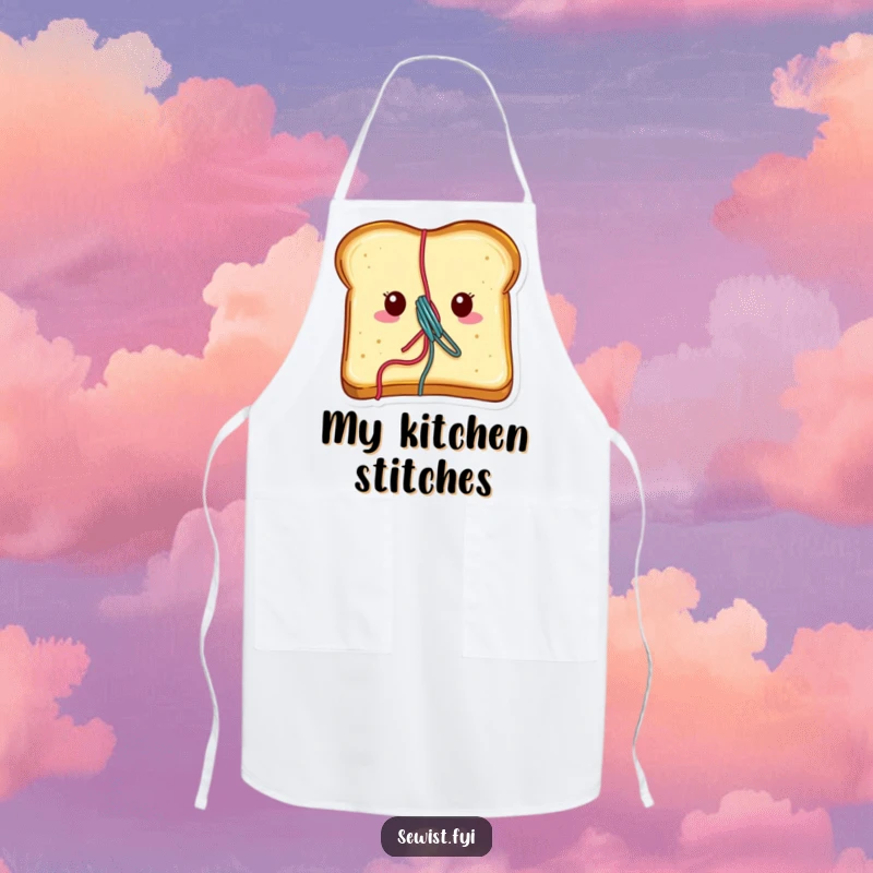 Funny toast apron featuring a cheerful piece of toast with vibrant thread emerging, perfect for kitchen or craft activities.