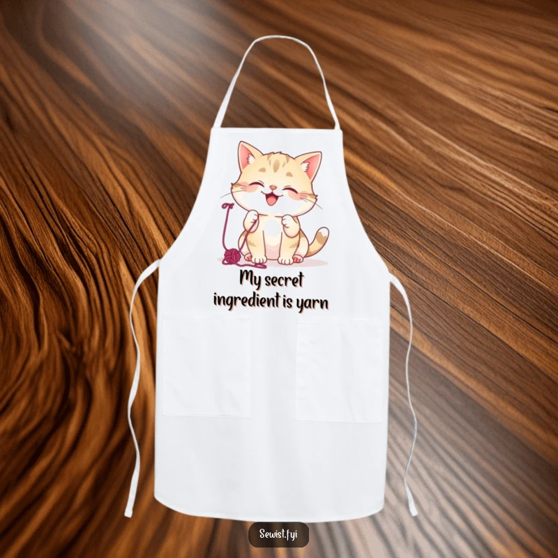 Funny Cat Apron: Mischievous chef cat giggling, batting colorful yarn, perfect for a humorous cooking experience.