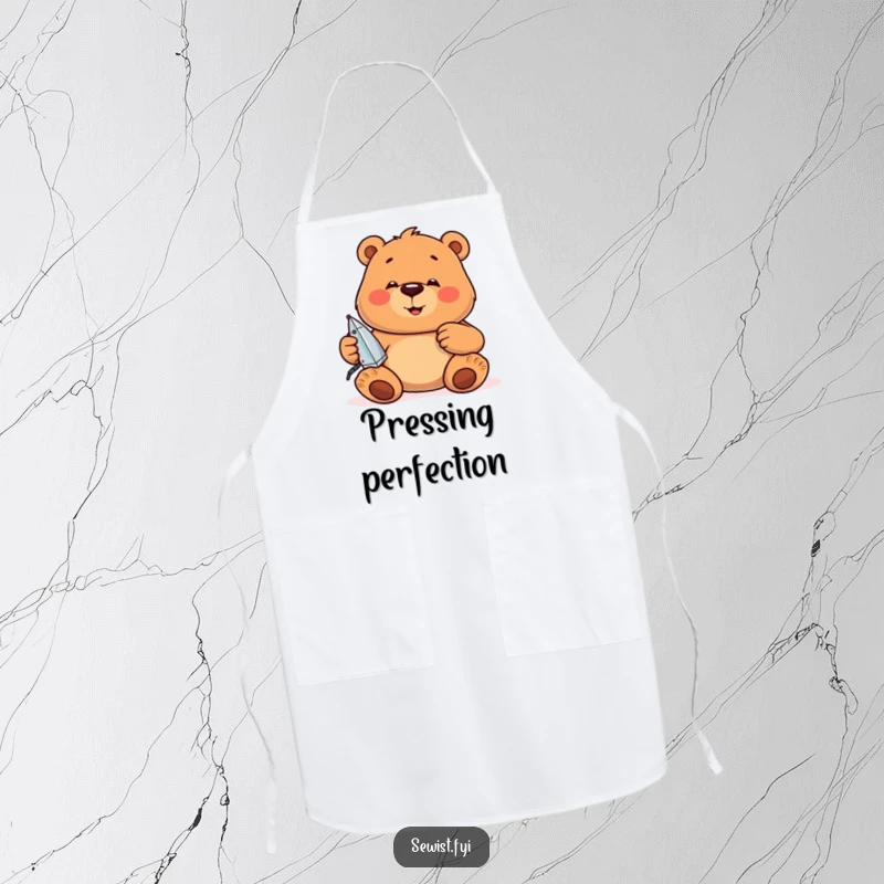 Funny Apron: A jovial bear concentrates on ironing seams, ideal for kitchen neatness and humor.
