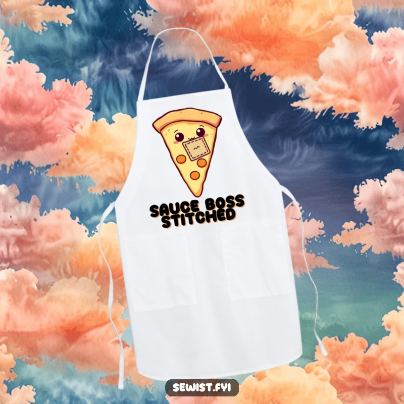 Funny apron featuring a proud pizza slice with a tiny stitched patch, practical and humorous for kitchen or craft room use.