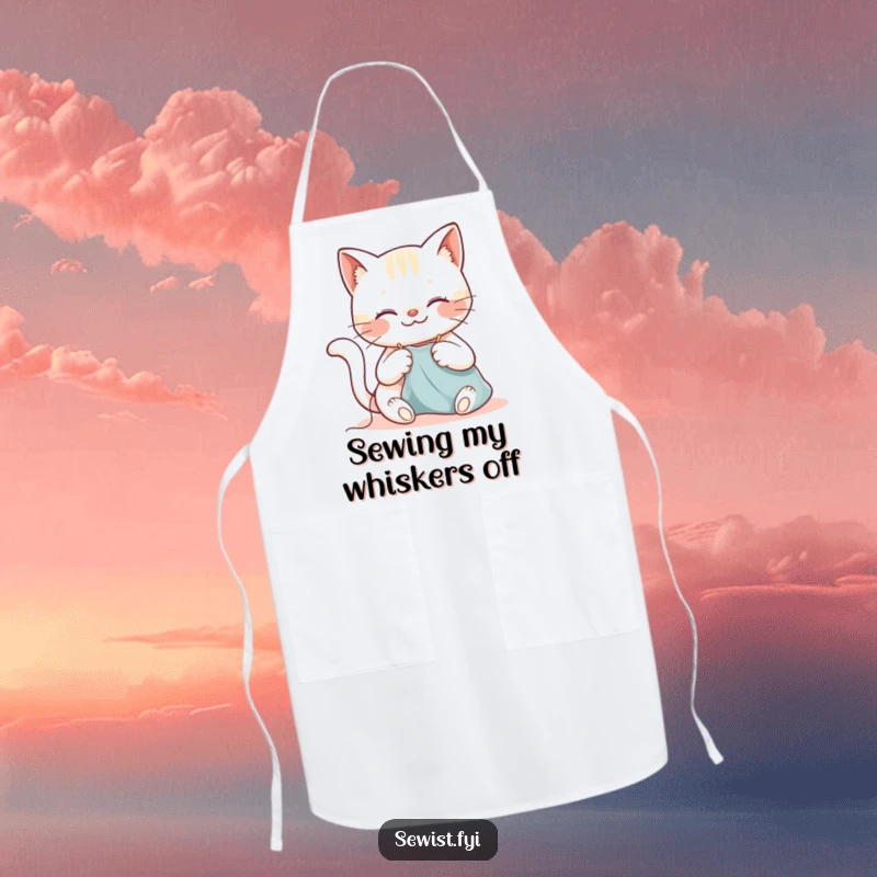 Funny cat apron featuring a happy cat sewing with a needle and thread, protecting clothes during crafting activities.