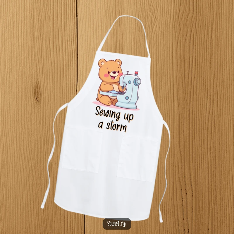 Funny Bear Apron: A happy bear expertly sewing with a machine, perfect for kitchen or craft use, funny gift.