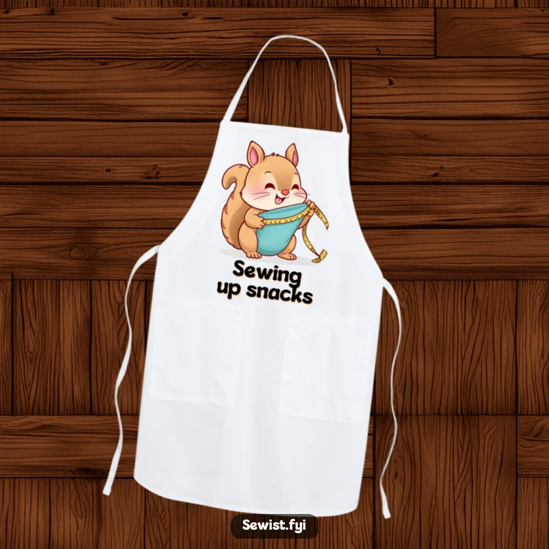 Funny Apron: A happy squirrel measures fabric with a tiny tape measure, ideal for cooking or crafting.