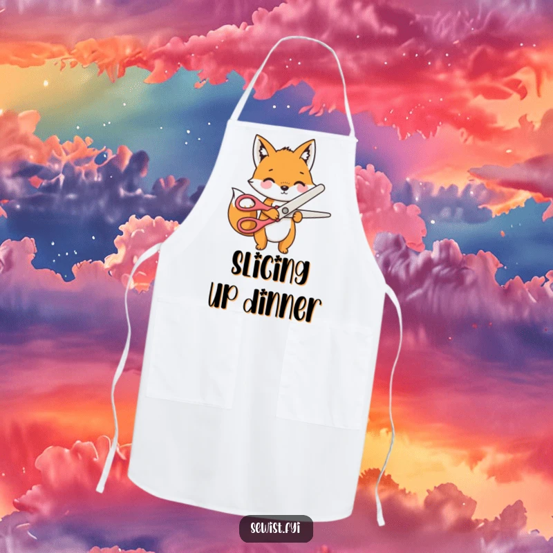 Funny Apron depicting a playful fox character cutting fabric with oversized novelty scissors, offering stylish protection.