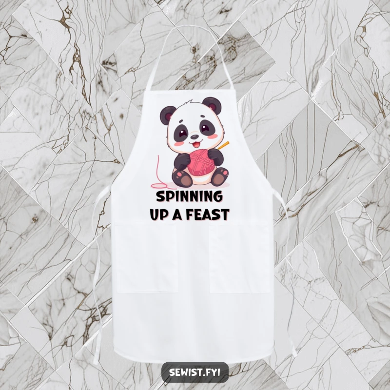 Funny Panda Apron: A playful panda spinning thread, protecting clothing with humor and fun, a great gift.